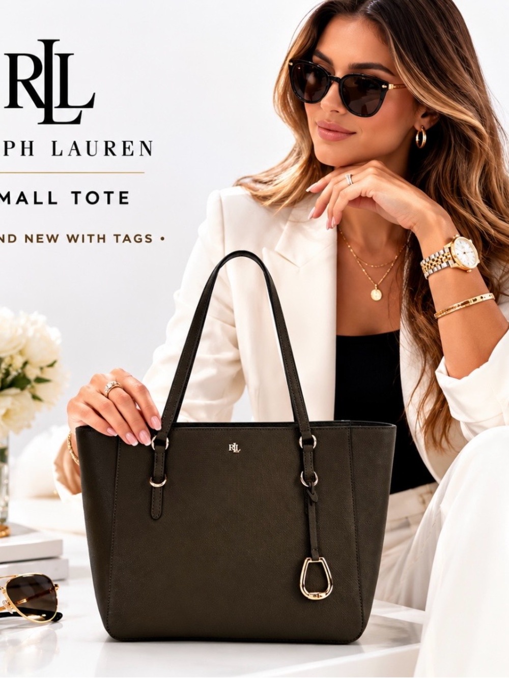 Lauren Ralph Lauren Olive Green Saffiano Leather Shoulder Tote NWT